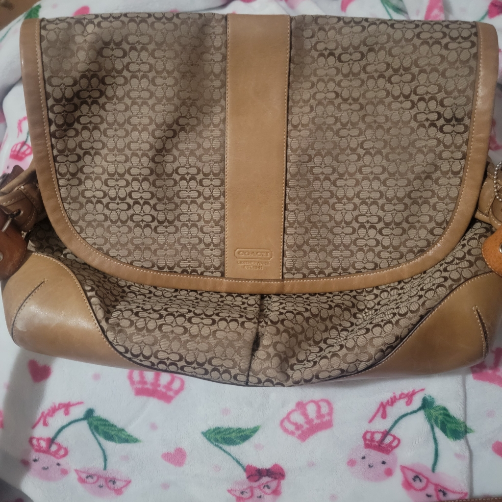 Coach Vtg Crossbody Messenger Travel Bag Jacquard Leather Large Camel Brown 2003